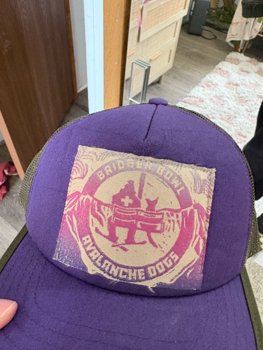 Bridgerbowl Purple and Olive Trucker Hat with Avalanche Dogs Graphic 🎿 - Picture 2 of 3